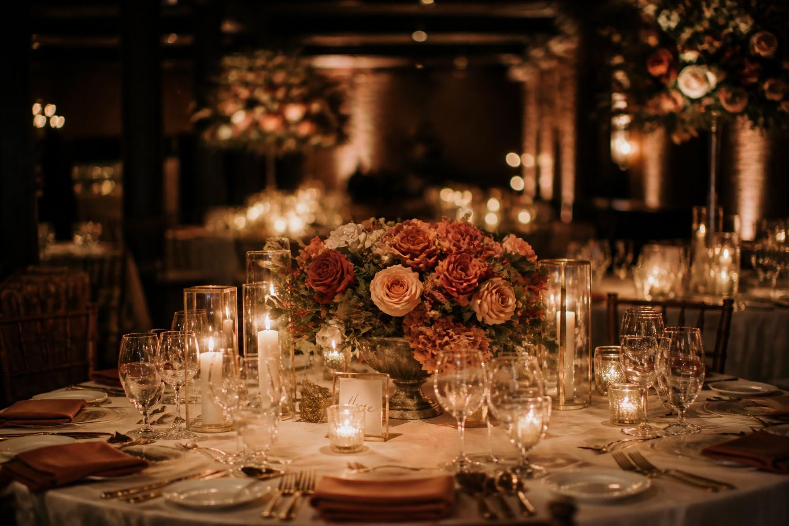 Aranjament floral la o masă de eveniment iluminată cu lumânări